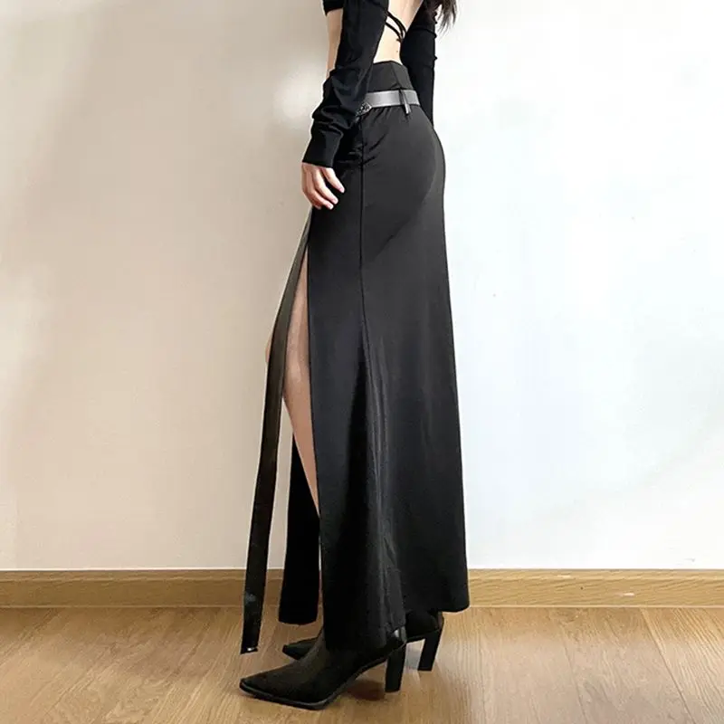 Motorcycle Style Belt Patchwork Women Skirts 2025 Spring Summer Split Skirt Female Slim Waist Casual Irregular Fishtail Fillibeg