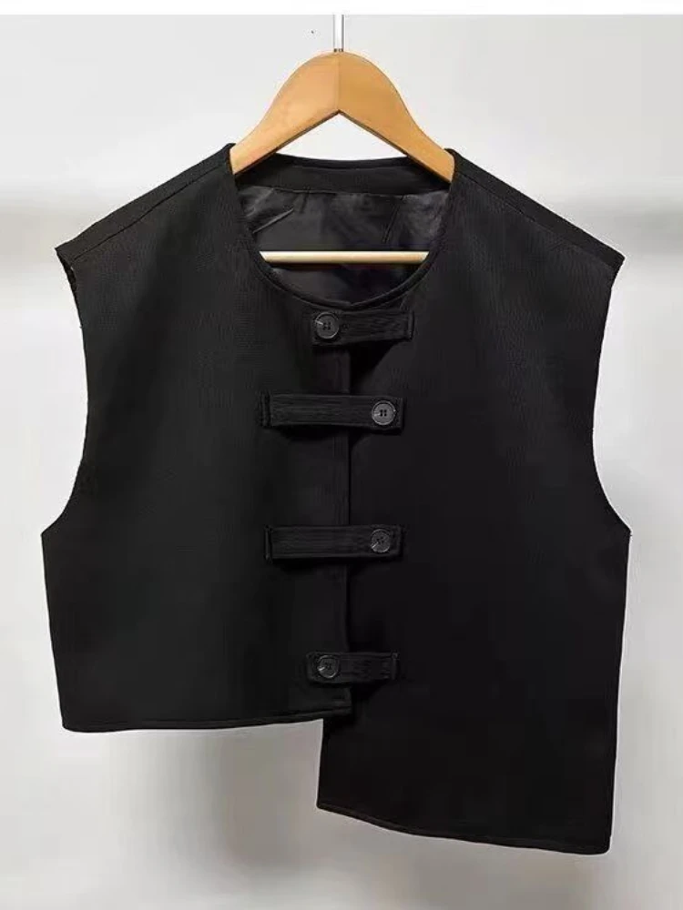 All Black Cropped Sleeveless Jacket  Asymmetric Utility Vest Men Urban Streetwear Aesthetic Workwear Waistcoat w/ Button Straps