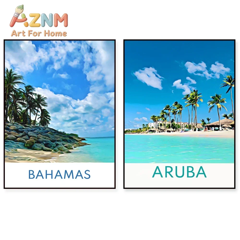 AZNM Caribbean Island Travel Canvas Painting Frameless Wall Art Bahamas Aruba Saint Lucia Tropical Beach Landscape Poster Home D
