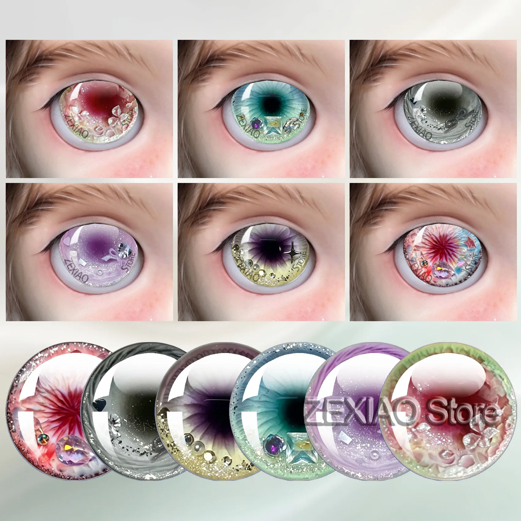 12Pcs/Bag Blythe Doll Eye Chips Fantasy Shining Mixed Gradient Floral Printed Glass Cabochon Eye Chip DIY Jewelry Supplies MS016