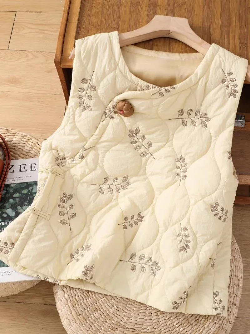 

Новый хлопковый жилет с вышивкой в китайском стиле для женщин, осенне-зимний винтажный легкий теплый пиджак с пряжкой, топ без рукавов W898