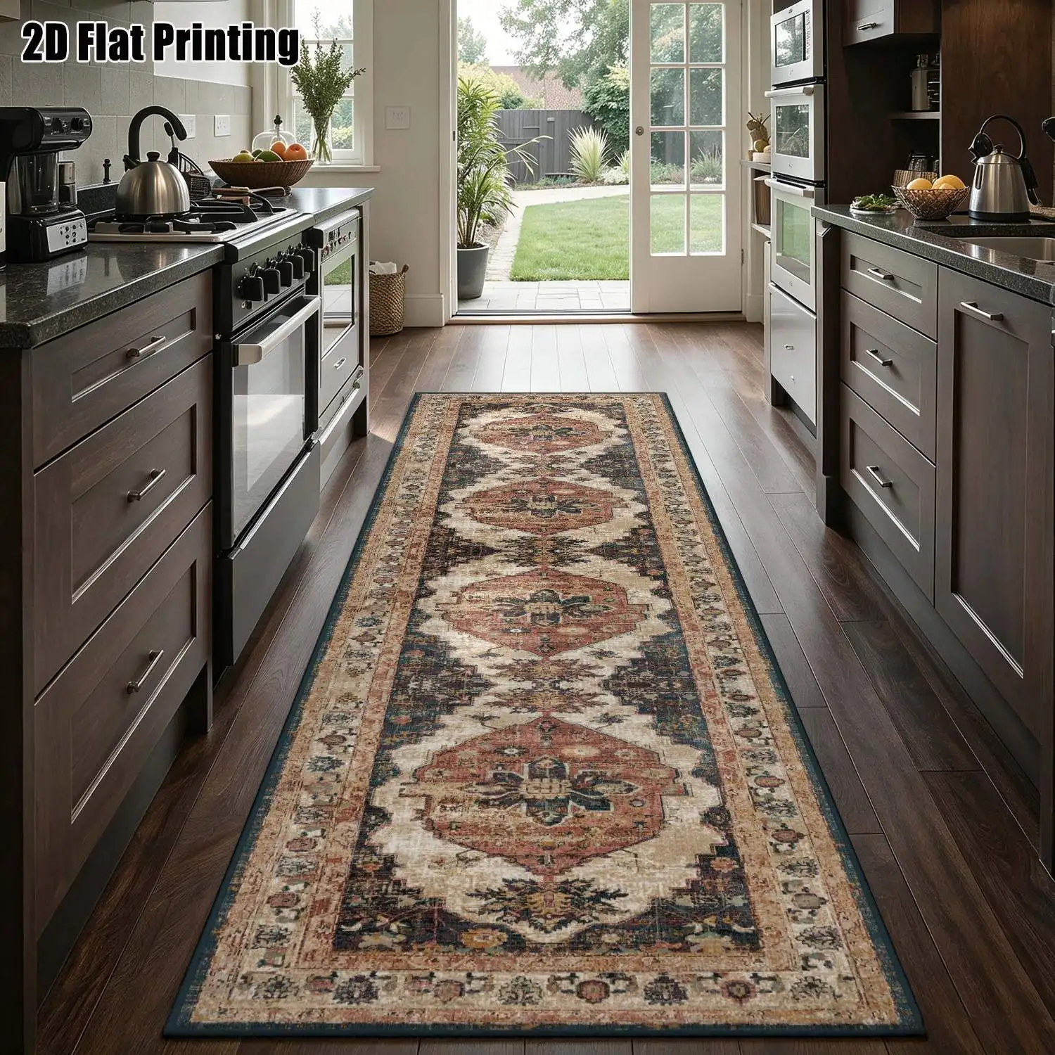 1Pc 2D Printed Retro Geometric Flower Long Strip Runner Carpet, Bohemian/European/Nordic Style, Machine Washable, Multi-Size, Ideal for Entrance, Hallway, Living Room, Bedroom Home Decor