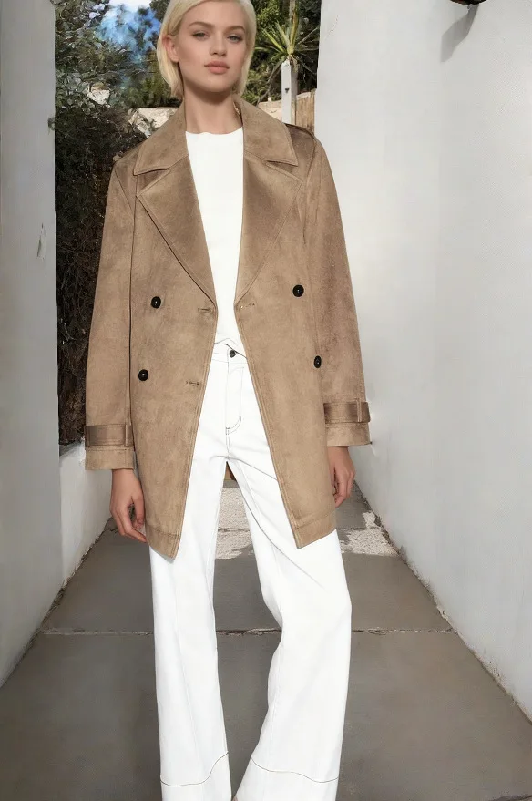 2025 Autunno Inverno Nuove donne Cappotto giacca a vento effetto scamosciato finto doppio petto marrone chiaro Stile versatile