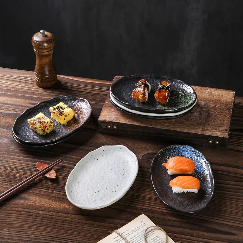 

Japanese Cuisine Restaurant Hot-selling, Ceramic Irregular Long Vegetable Plate, Retro Tableware Creative Sushi Small Plate