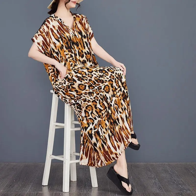 Damska luźna sukienka Boho Leopard Print V-Neck Maxi Dress G116 - Wiosna Lato 2025 Casualowa sukienka plażowa, duży rozmiar szyfonowa szata w stylu