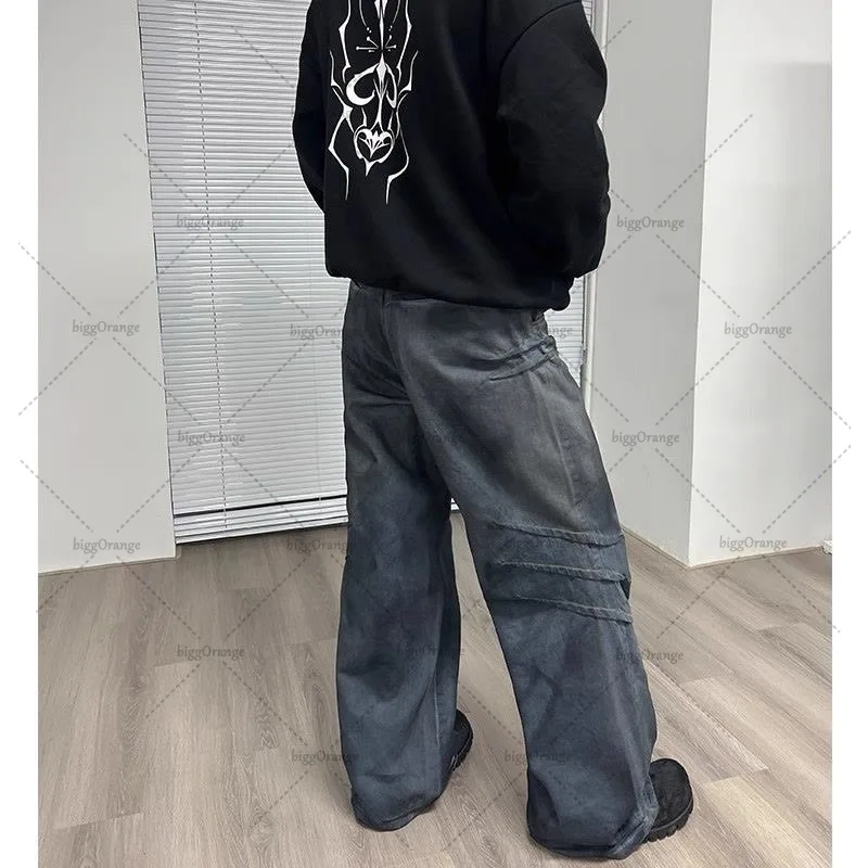 Gothic Punk Stil Zerkratzt Gewaschen Baggy Jeans Männer Y2K Harajuku Retro Lose Beiläufige Gerade Hosen High Street Fashion Streetwear