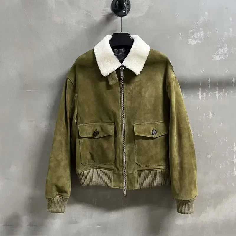 Hoge kwaliteit echt leren jas Suède schapenvacht Korte lengte Omgeslagen kraag met grote zakken Intensiveringsstijl