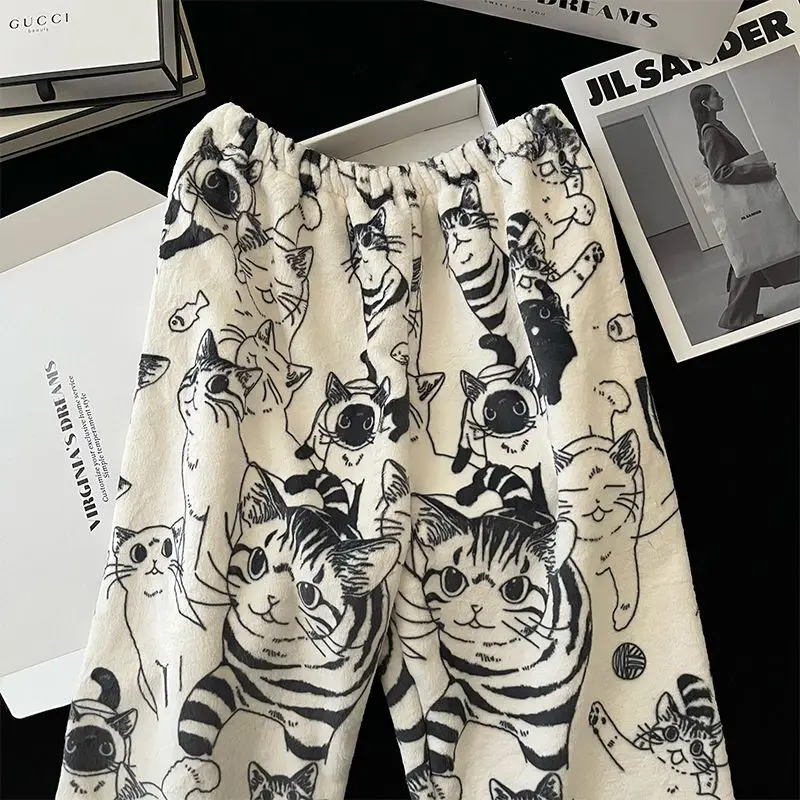 

Coral Fleece Women Sleepwear Kawaii Animal Cat Graphic Flannel Plush Home Pants Y2k Harajuku Cute Pyjama Pants Girls Trousers