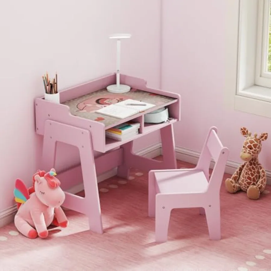 

Pink Wooden Toddler Table and Chair Set with Storage for Girls Ages 3-8 Study Desk and Chair Set for Bedroom or Nursery