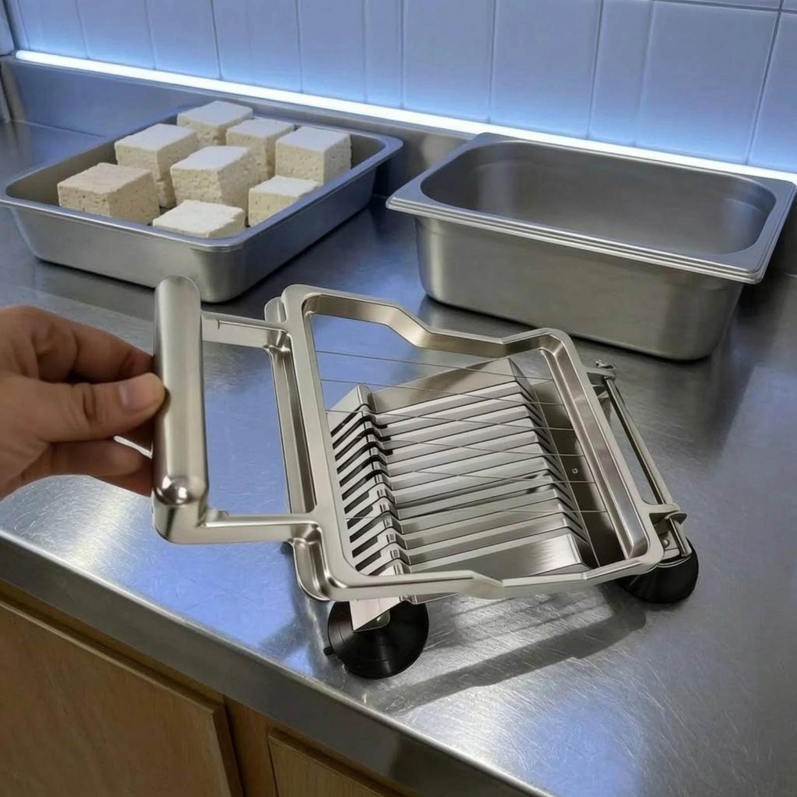 

Manual Stainless Steel Food Cutter Suction Cup Feet Wire Blade Cutter Kitchen Tool Sturdy Build