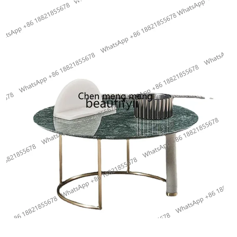 ss7486 مكتب المبيعات الإيطالية طاولة جانبية بسيطة الهندي الأخضر الرخام طاولة شاي مستديرة شقة صغيرة غرفة المعيشة علامة زاوية جلدية #2