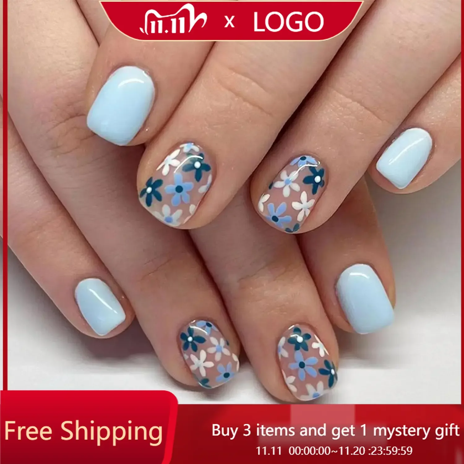 

24Pcs Press on Nails Short Square Fake Nails Light Blue Glossy False Nails with Blue White Flowers Press ons Designs For Women