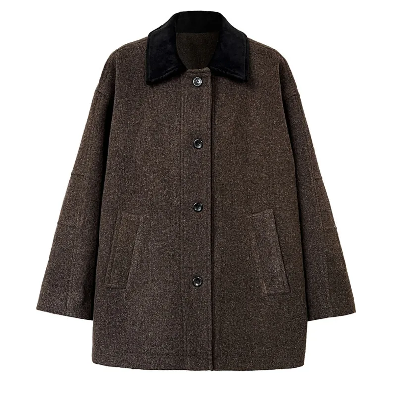 Tlxt elegante feminino lã trench lapela único breasted contraste cor emendado manga longa grosso quente jaquetas feminino inverno novo