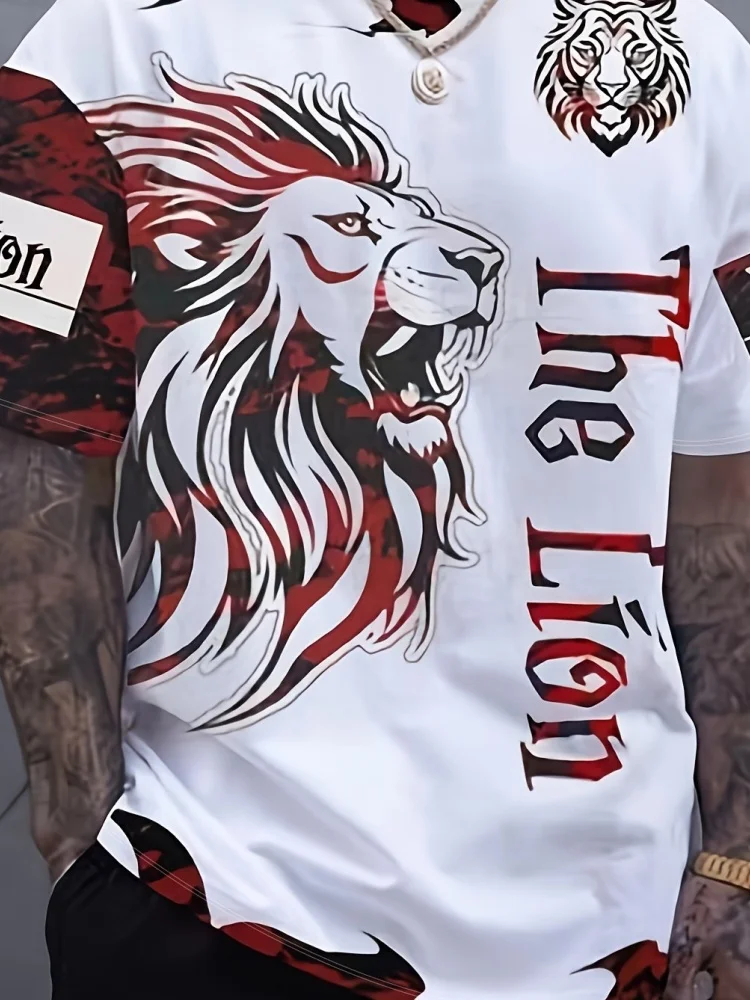 جديد رجل تي شيرت كول الأسد تاج ثلاثية الأبعاد مطبوعة الصيف الشارع موضة نمط علوي قصير الأكمام تيز الجولة الرقبة الرجال الصليب تي شيرت #4