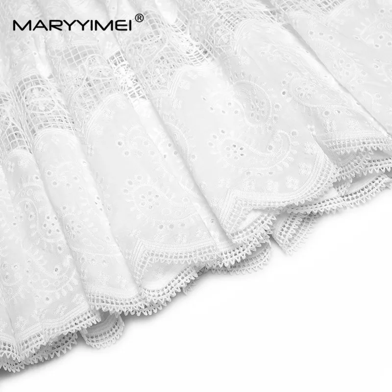 Imagem -06 - Maryyimei-vestido de Manga Curta Feminino Perolização Gola Virada para Baixo Bordado Fino Branco Elegante Moda Verão