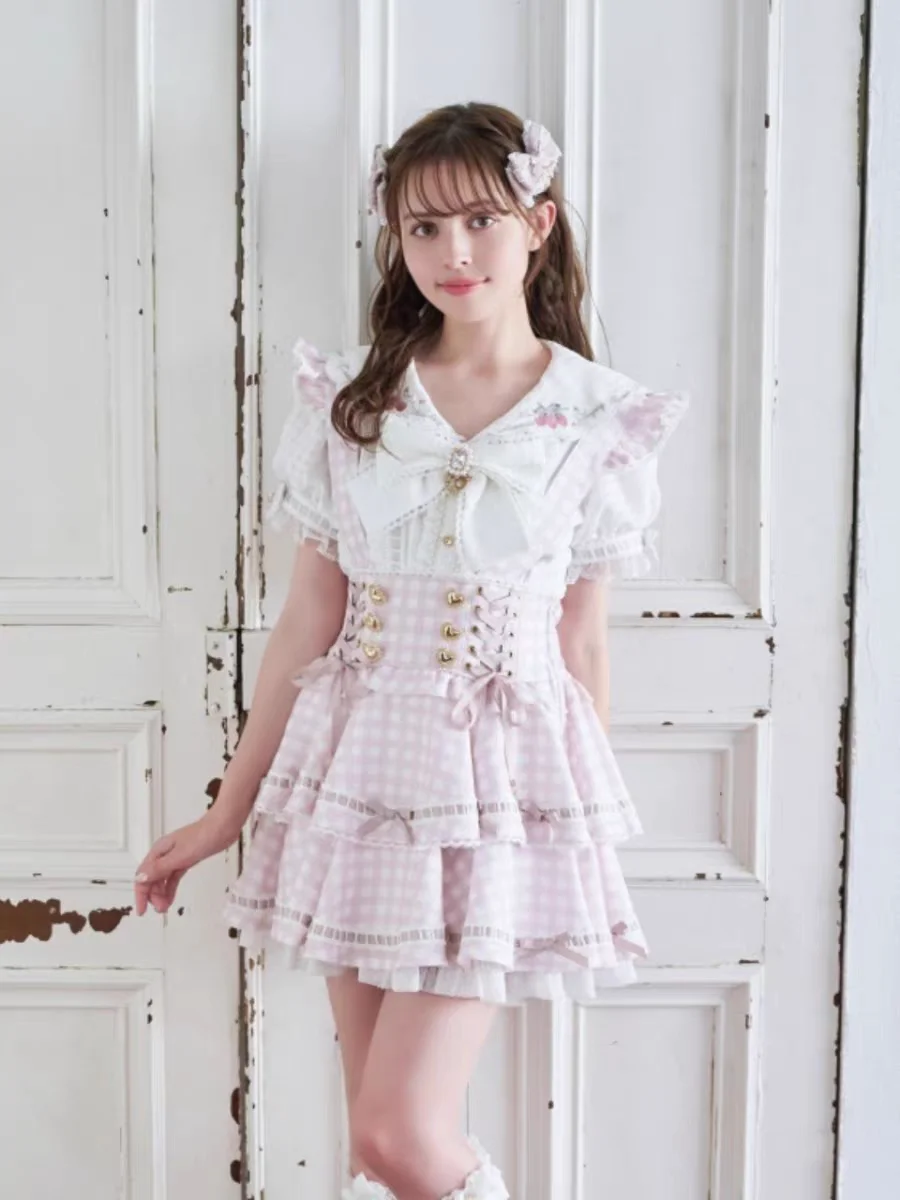 Japanese Sweet Cute High Waist Lolita Skirt Summer Heavy Industry Printing Plaid Bows Preppy Style Suspender Skirts for Women