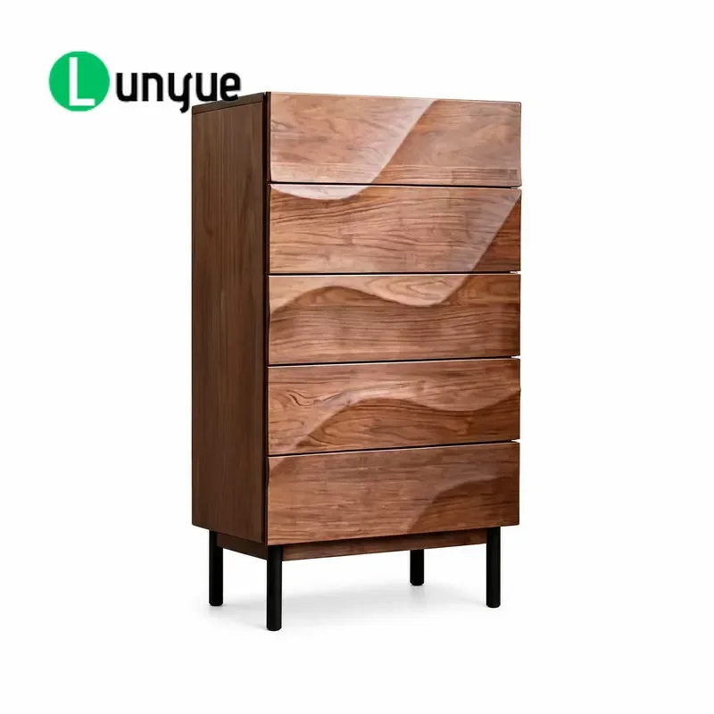 5 Layer Wave Chest of Drawers High Cabinet Black Walnut with Slender Black Metal Legs for Hallway Lounge Modern Storage