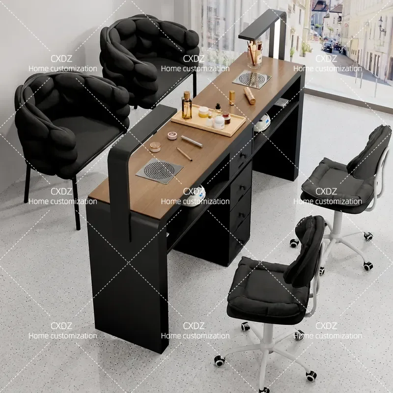 Cream Style Multifunctional Nail Art Table and Chair Set with Vacuum Cleaner Economical Single Double Manicure Desk for Salon