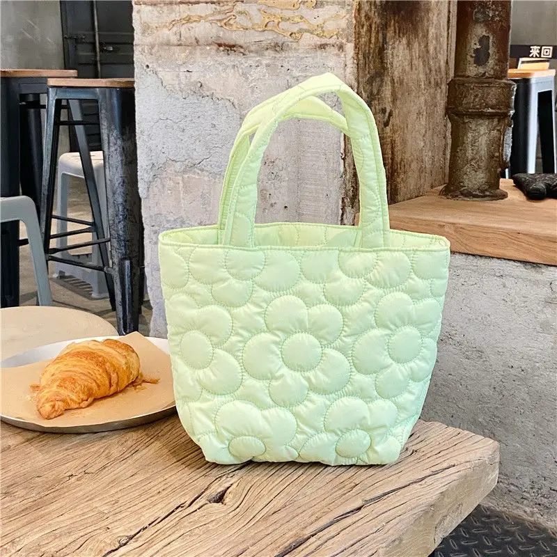 Blue White Yellow Green Pink Quilted Puffy Flower Tote Kawaii Macaron colors Lunch Bag Portable Handbag For Women Girls Students