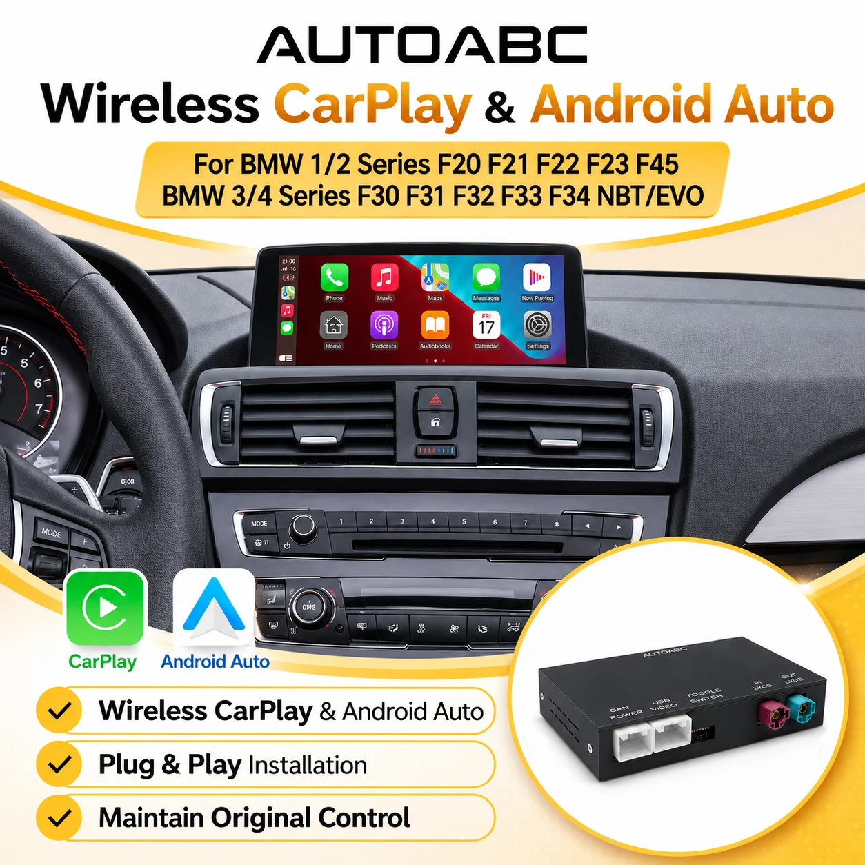 Décodeur sans fil AUTOABC CarPlay Android Auto pour BMW Série 1, 2, 3, 4 F20, F21, F22, F45, F30, F31, F34, F32, F33, F36 NBT EVO avec Bluetooth, AirPlay, MirrorLink, kit de rétrofit de navigation GPS