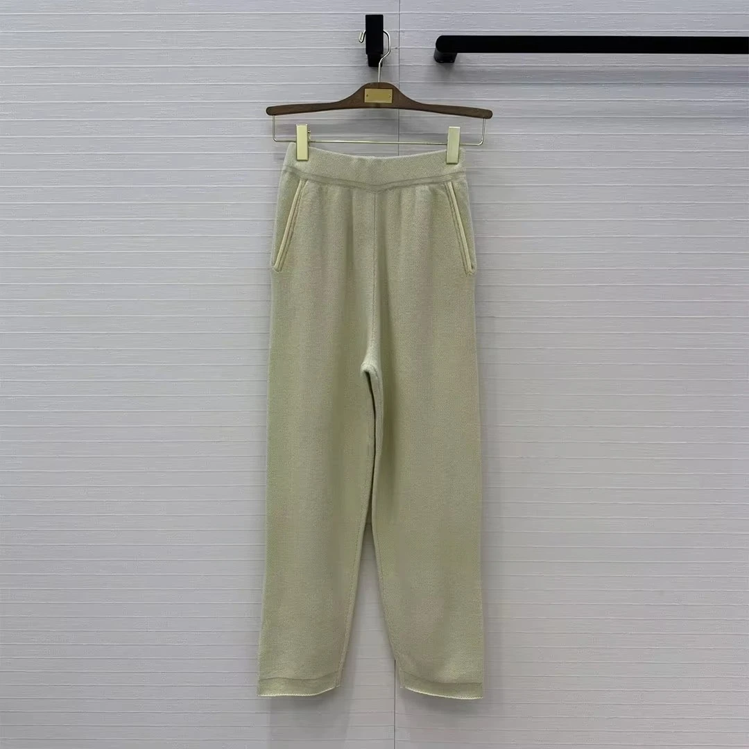 Luxury Old Money Style Cashmere Knitted Ankle Length Pants Women 2026 New Autumn Solid Color Elastic High Waist Casual Trousers