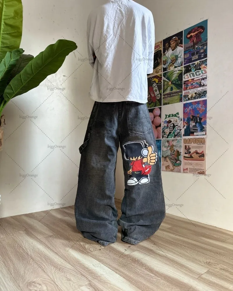 Y2K Harajuku Retro Gewassen Baggy Jeans Straat Hiphop Anime Gedrukt Breed Patroon Rechte Broek Mannen Trendy Merk Casual Broek