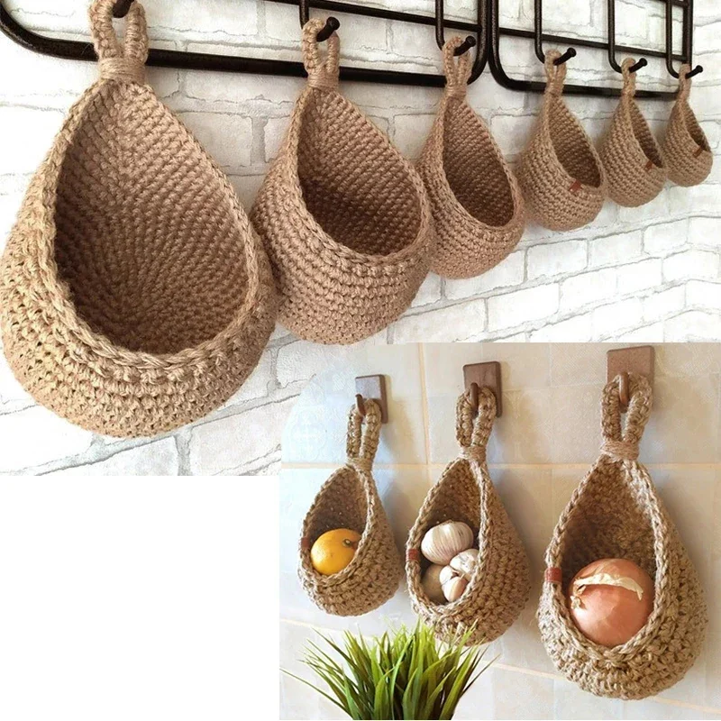 Handwoven Hanging Wall Vegetable Fruit Basket Organizer Container Decor for Kitchen Garden Mount Wall Plant Flower Onion Storage