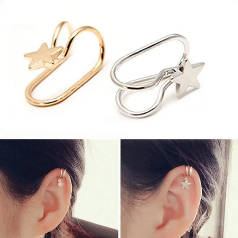 New Cuff U Star Moon Earring Punk Minimalist Women Metal Buckle Fake Piercing Ear Clip Without Puncture Pearl Earrings For 2021