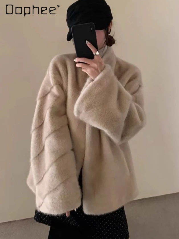 Abrigo de felpa de piel ecológico con cuello levantado elegante, abrigo de longitud media grueso de piel de oveja de imitación de tendencia coreana Ins para invierno