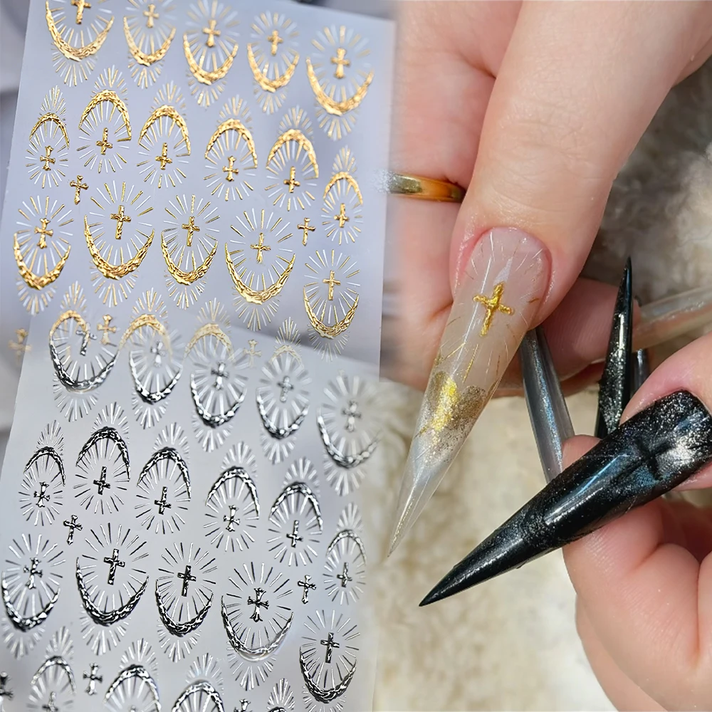 5D Luxury Black Gold Holy Light Cross French Nail Sticker Dazzling Glowing Cross Self Adhesive Nail Art Decals DIY Manicure Deco