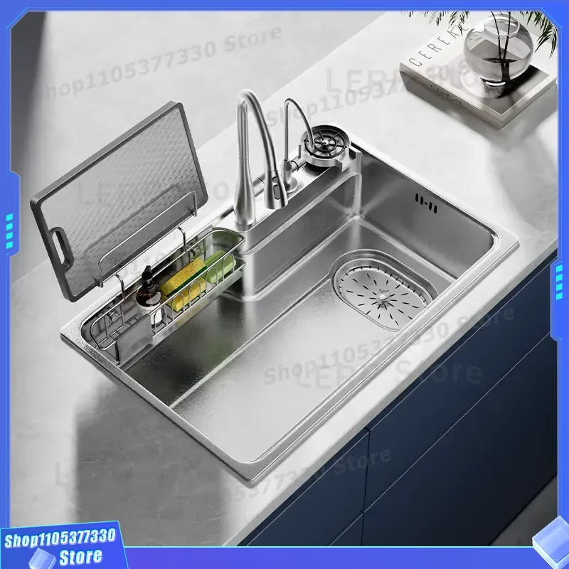 Large Single Bowl Kitchen Sink Modern Nano Silver Stainless Steel 3 Hole Thickened Scratch Resistant Basin for Home Hotel Use