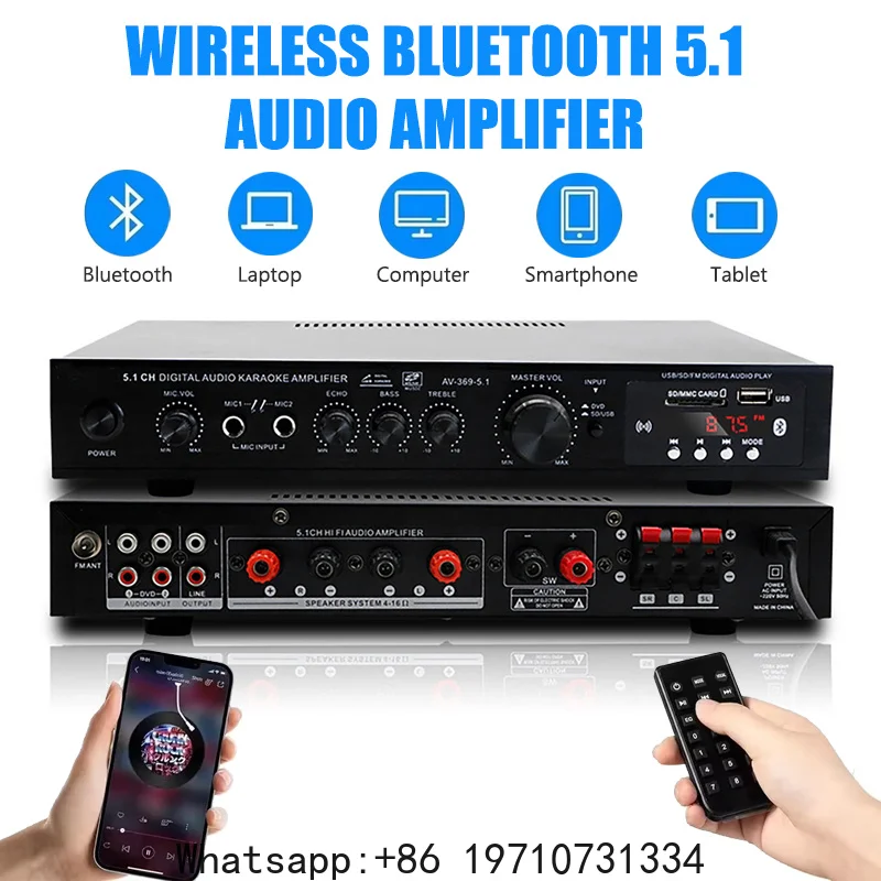 AV-369BT Bluetooth 5.1 Sound Speaker AMP Stereo Audio Amplifiers Receiver 6 Channel Home Theater Audio Stereo System Components