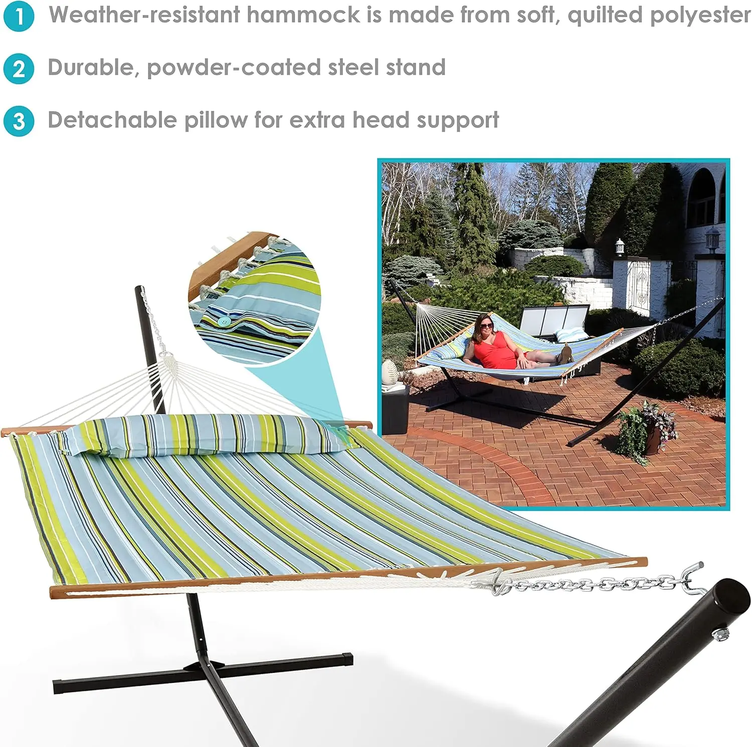 Quilted Double Hammock with 15-Foot Steel Stand - 400-Pound Weight Capacity - Black Stand - Blue and Green