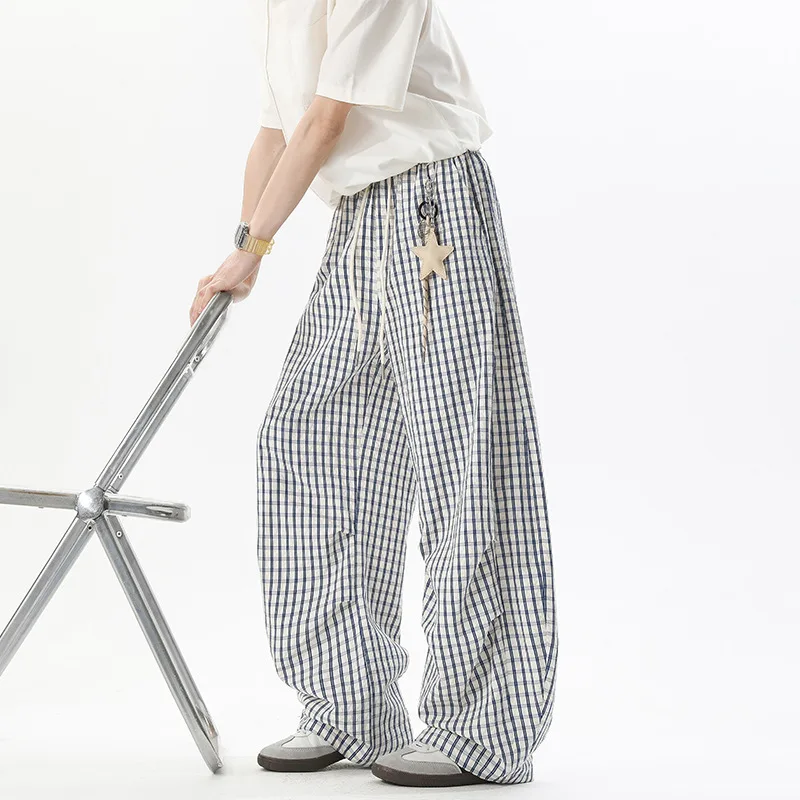 Plaid pants with pendant spring new fashionable comfortable korean loose casual all-matching wide-leg man woman