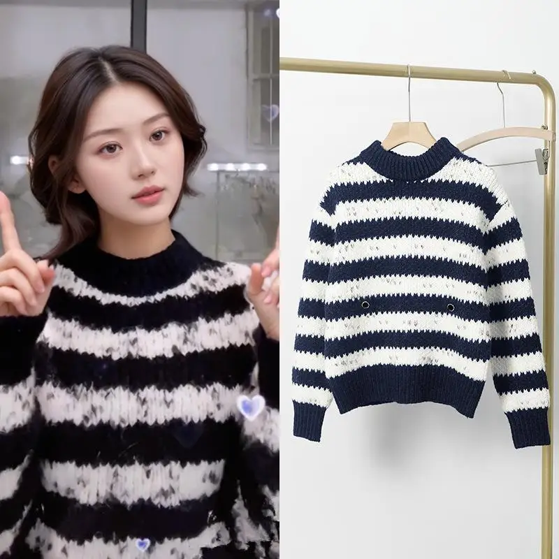 

Свободный вязаный шерстяной свитер в полоску, цветной дизайн, удобный длинный свек, женский модный топ на весну и осень