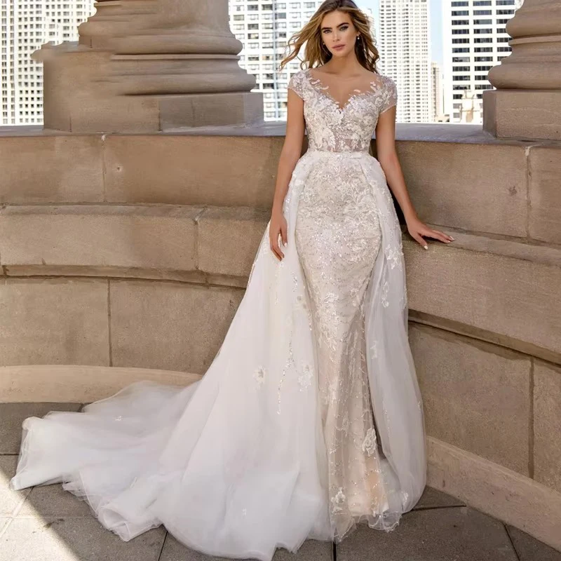 

Romantic Detachable Train Wedding Dress Organza With Embroidery Mermaid Ball Gown Sleeveless O-Neck Customized Vestido De Novia