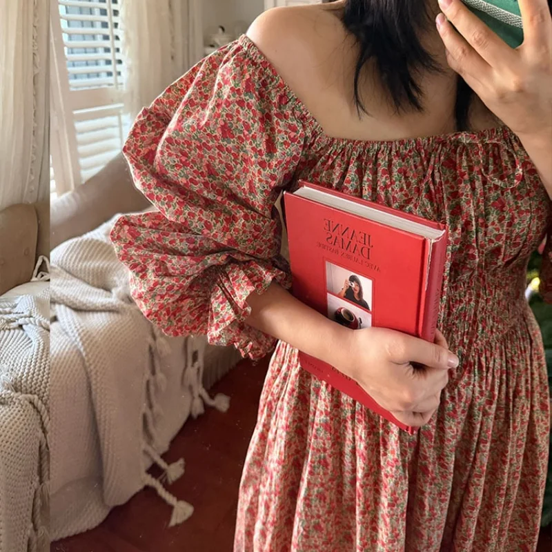 

Princess Sexy Square Collar Full Sleeves Printing Nightgowns 100% Cotton Long Ankle-Length Vintage Nightdress Comfort Nightie