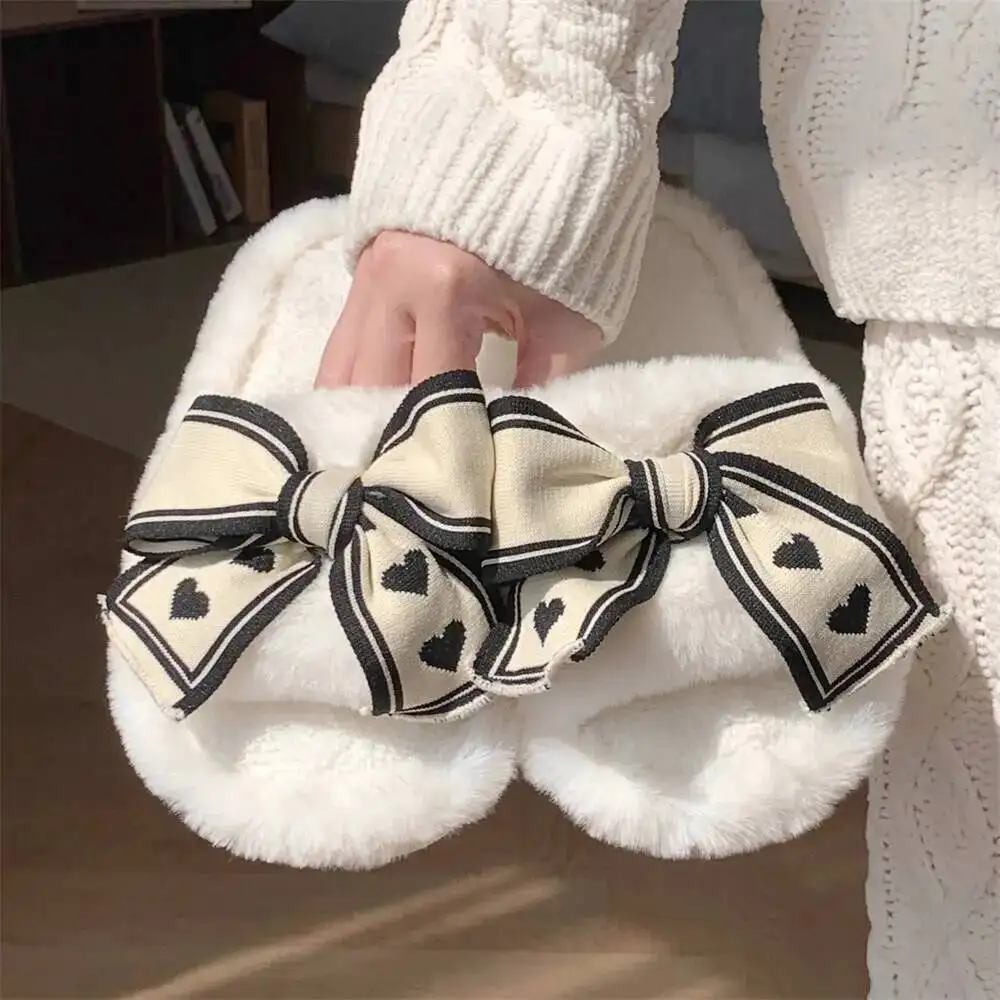 Women's Furry Slippers Ins Style Heart Bow Design Autumn Winter Home Flat Slide Indoor Household Cotton Slippers