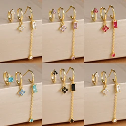 3PCS Fashion Flowers Stainless Steel Hoop Earrings Set for Women Long Chain Link Tassel Zircon Square Earrings Piercing Jewelry
