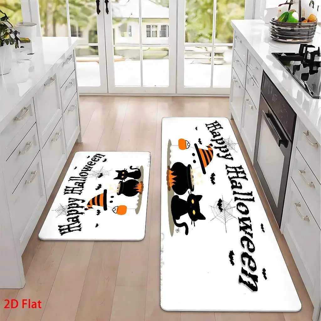 1pc, 2pcs, 3pcs, 2D Flat Kitchen Floor Mat Set, Halloween Pumpkin Floor Mat, Spooky Black Cat And Witch Hat Decorative Kitchen Rug, Easy-To-Clean Bathroom Floor Mat, Suitable for Kitchen, Bathroom, Laundry Room, Dining Table