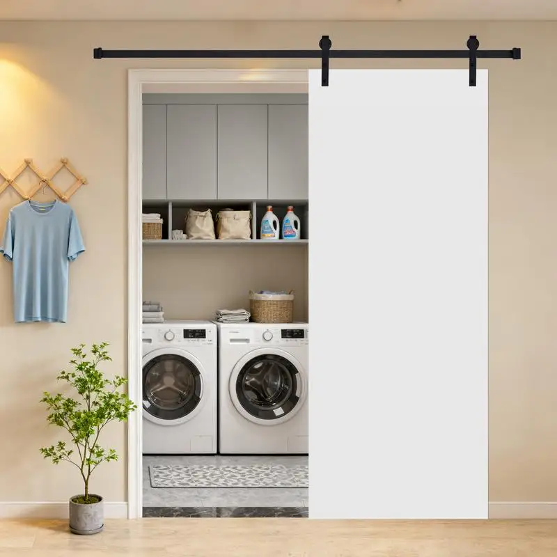 لوحة مسطحة حديثة مزدوجة 22 بوصة × 84 بوصة MDF باب منزلق للحظيرة البيضاء مع مجموعة أدوات #6