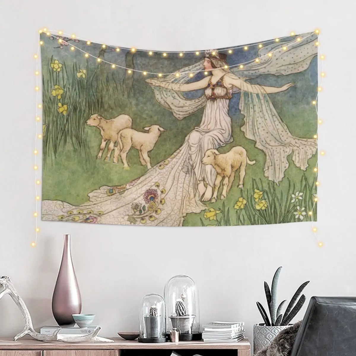 Goddess of Springtime with lambs vintage illustration - Warwick Goble Tapestry Wall Hanging Wall Tapestry