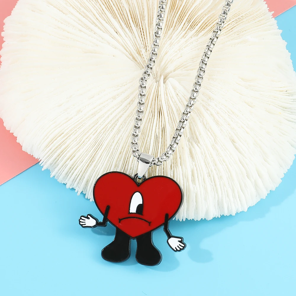 Trend Bad Bunny Necklace Cosplay Singer Bad Rabbit Red Heart Pendant Neck Chain Cute Decoration Jewelry Accessories for Fan Gift