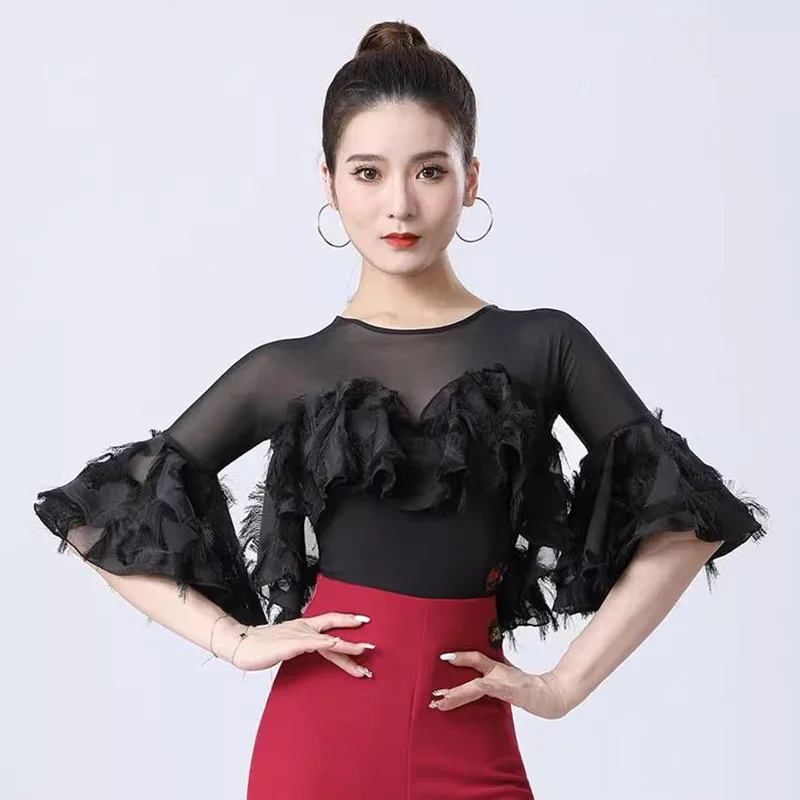 2023 New Pink  Balck Latin Dance  Tops Leotard  Women Performance Ballroom Practice Clothes Standard Waltz Dancing  Blouse