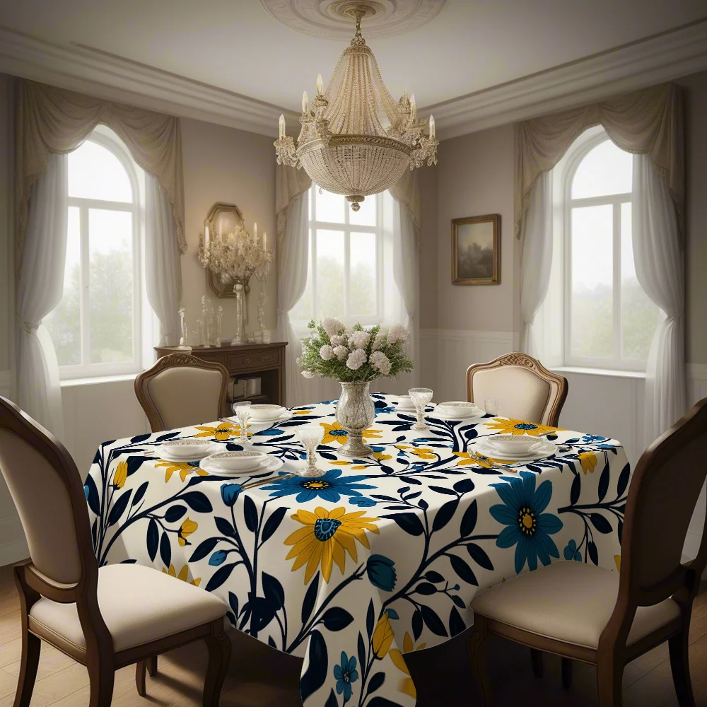 Blue and yellow floral pattern, printed square tablecloth, suitable for home kitchen.