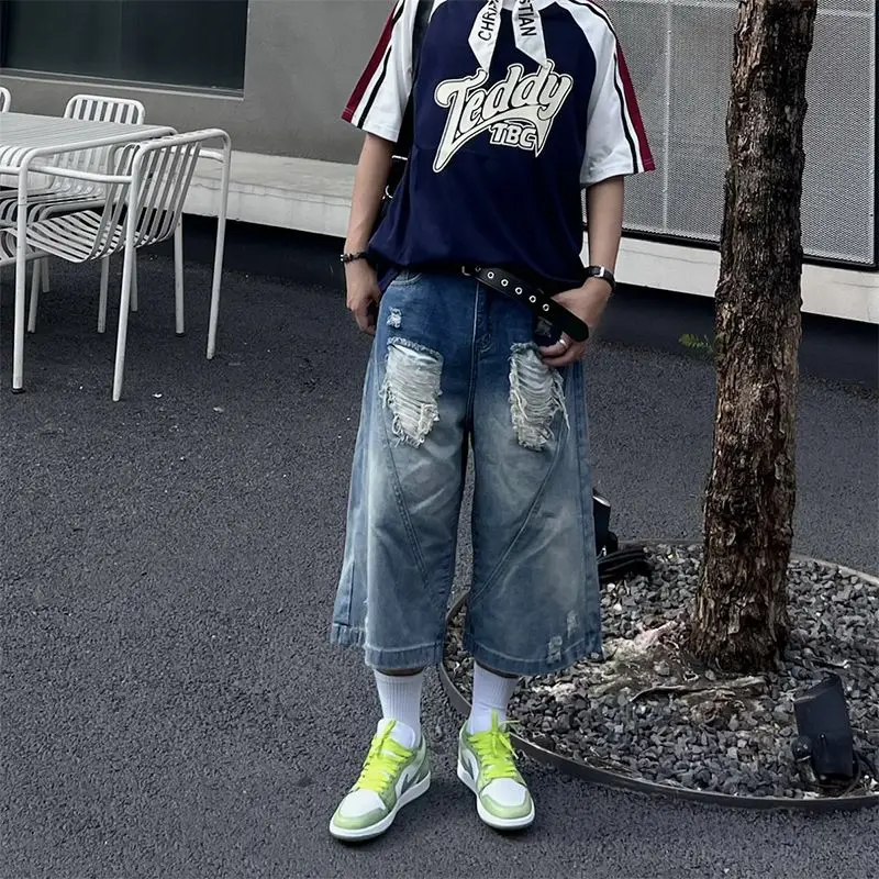 

Retro American Washed Gradient Hole Seven-Foot Men's Jeans Summer High Waist Loose Wide Leg Medium Pants Casual Harajuku Style