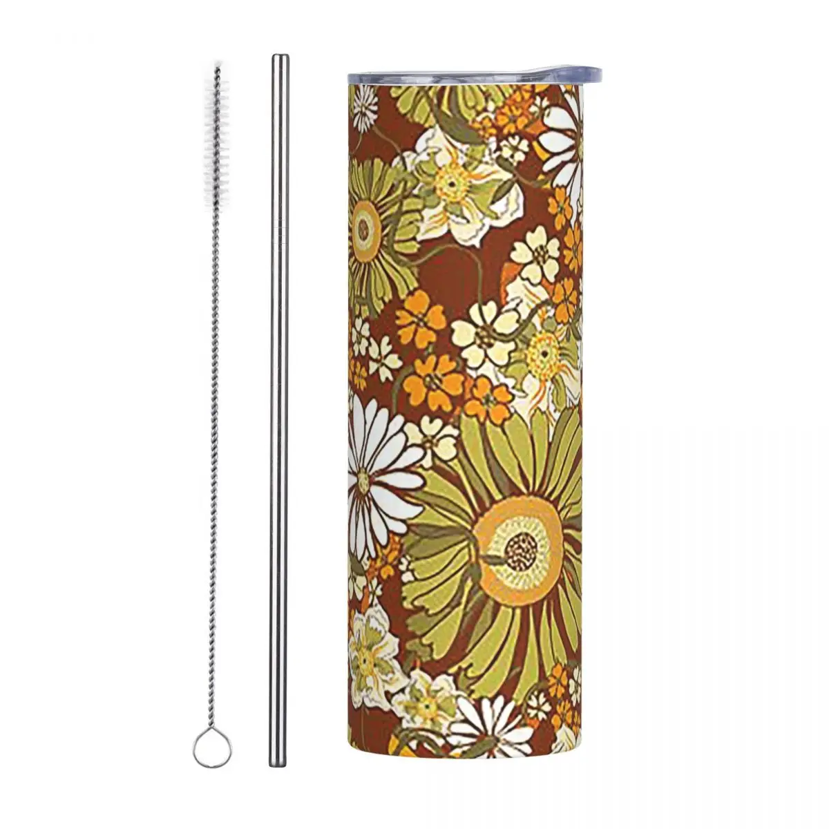 70s Retro Vintage Flower Power Pattern Boho Stainless Steel Tumbler Vacuum Insulated Mugs Thermal Cold Cup Straws With Lid 20oz