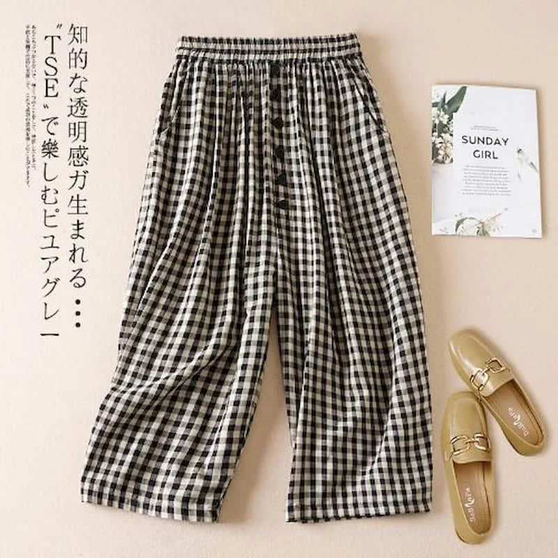 Women Straight Pants Plaid Print Elastic Waist Cropped Baggy Trousers Casual Streetwear Sweatpants Korean Style Women Clothing