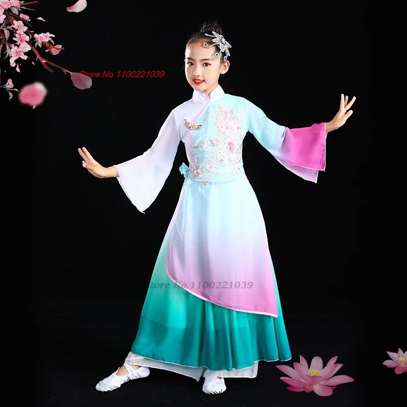 2025年中国子供ヴィンテージドレス民族花刺繍グラデーションカラー袍トップス+パンツフェスティバルステージパフォーマンスドレス