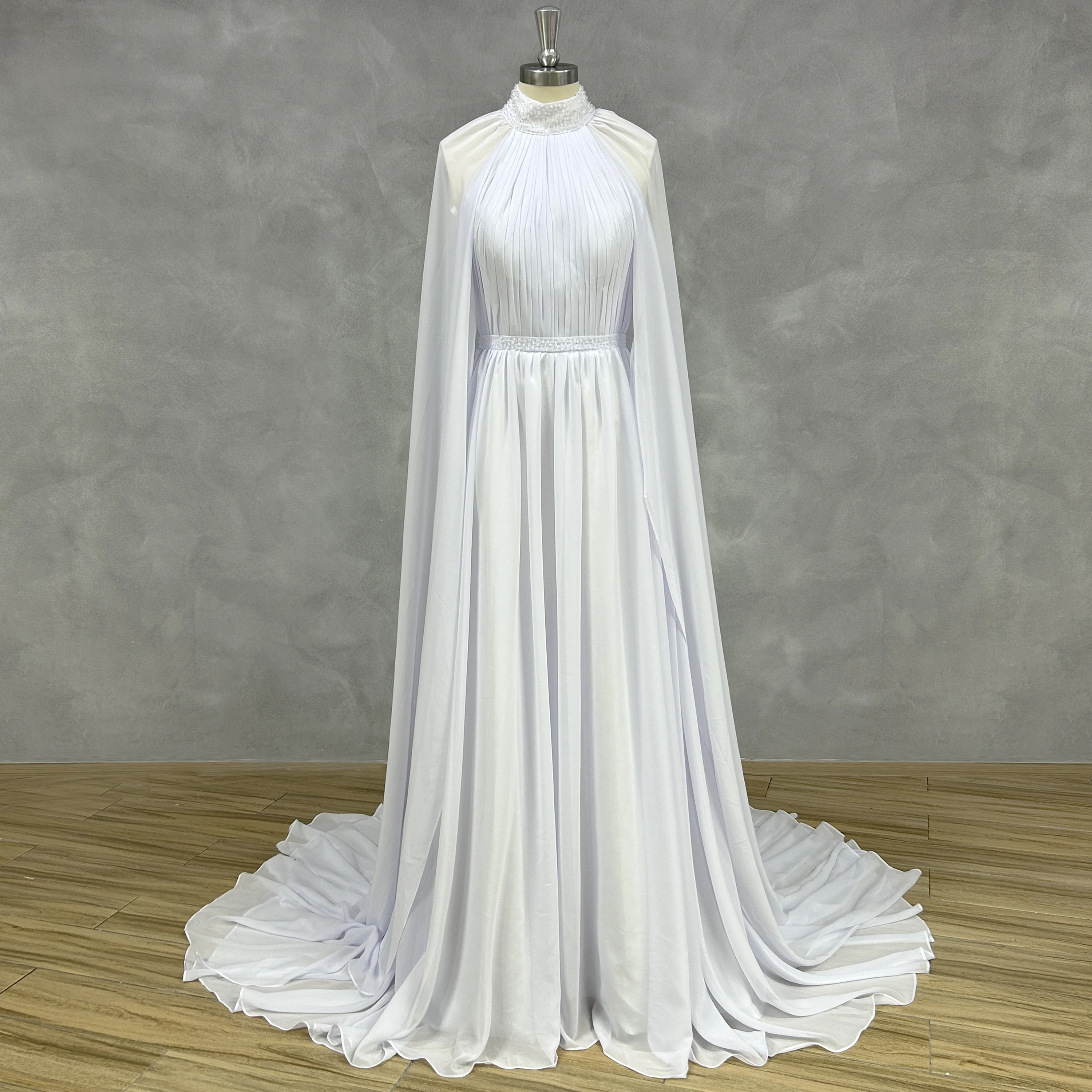 DIDEYTTAWL Real Picture Halter Chiffon Pleats A-Line Wedding Dress For Women Cut Out Back Court Train Bridal Gown